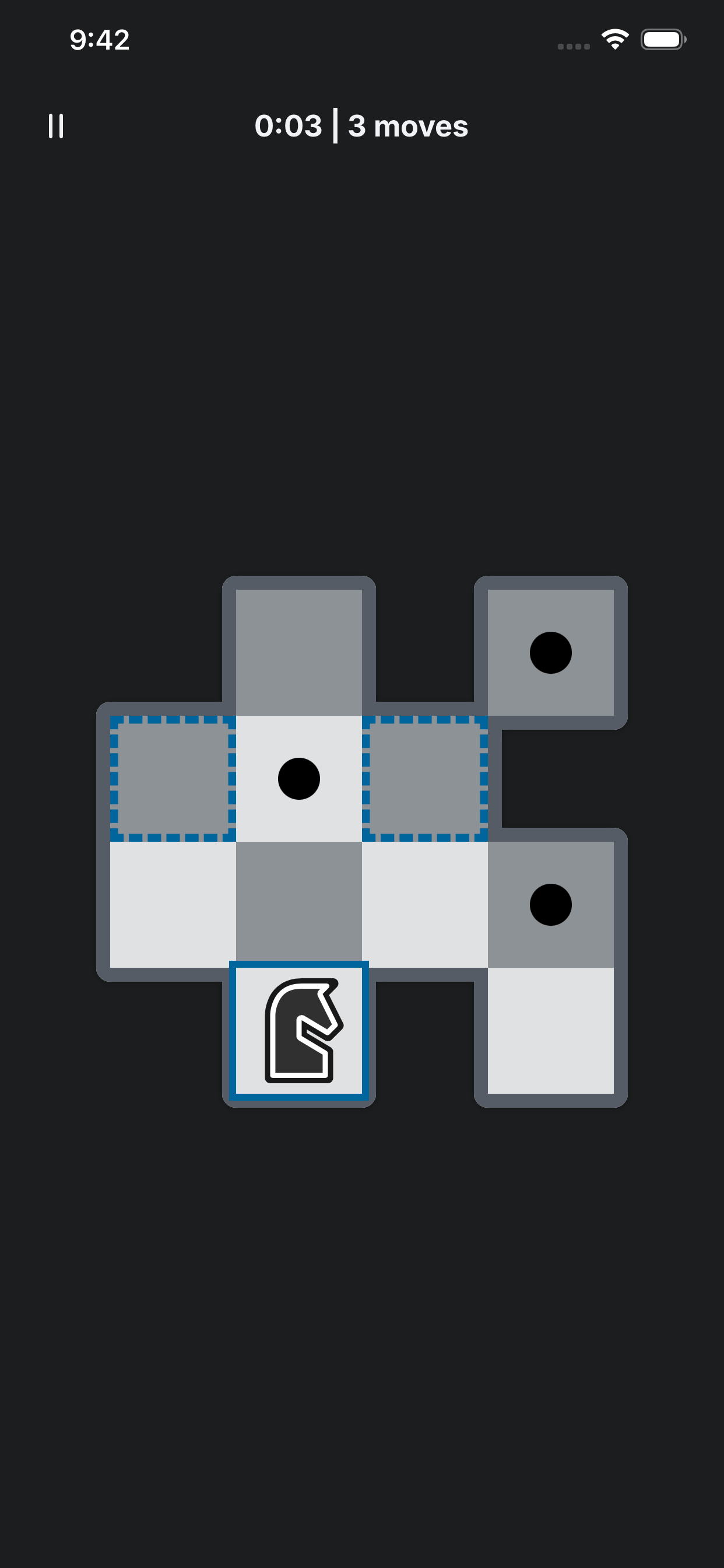 Tour mode gameplay showing a knight navigating a small board to visit every square