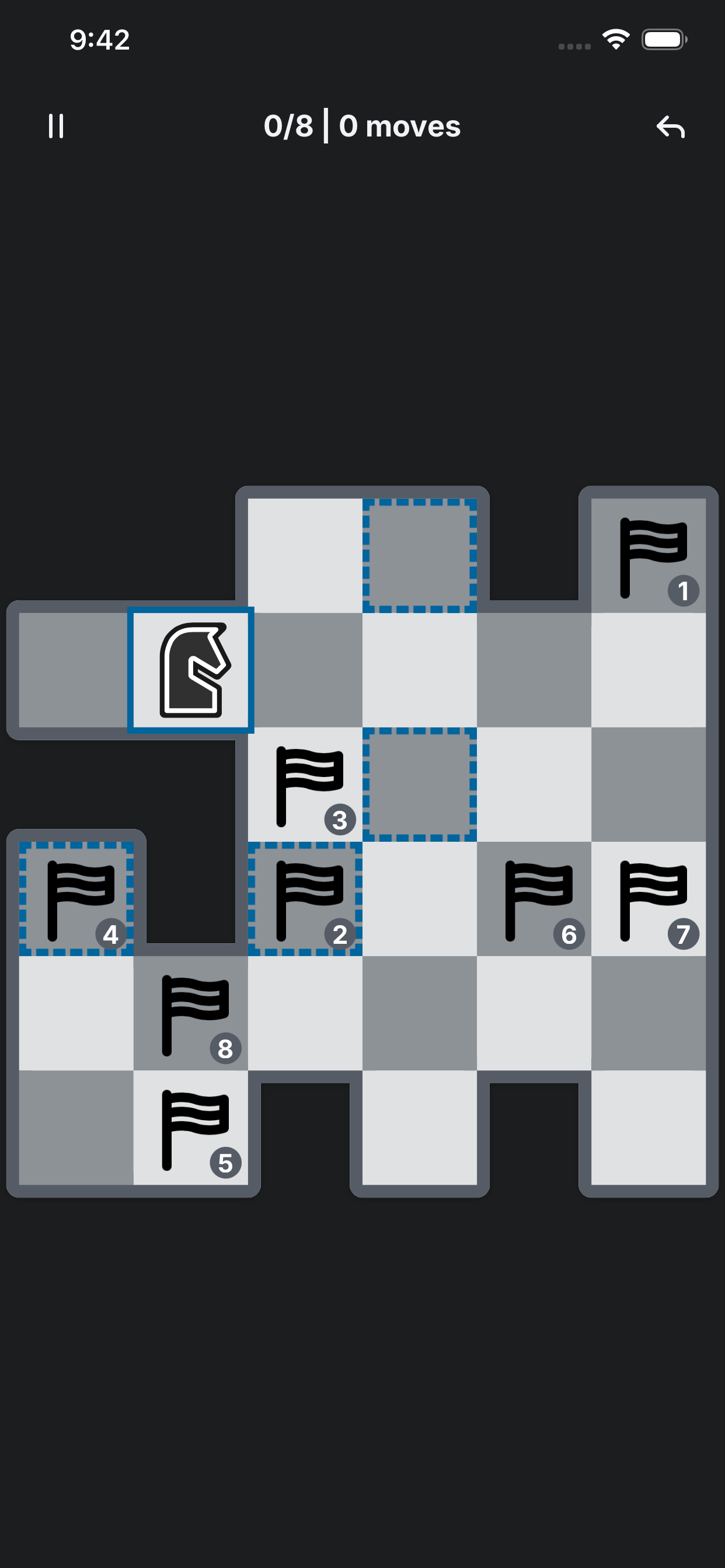 Pathfinder mode gameplay showing a knight finding a path through numbered flags