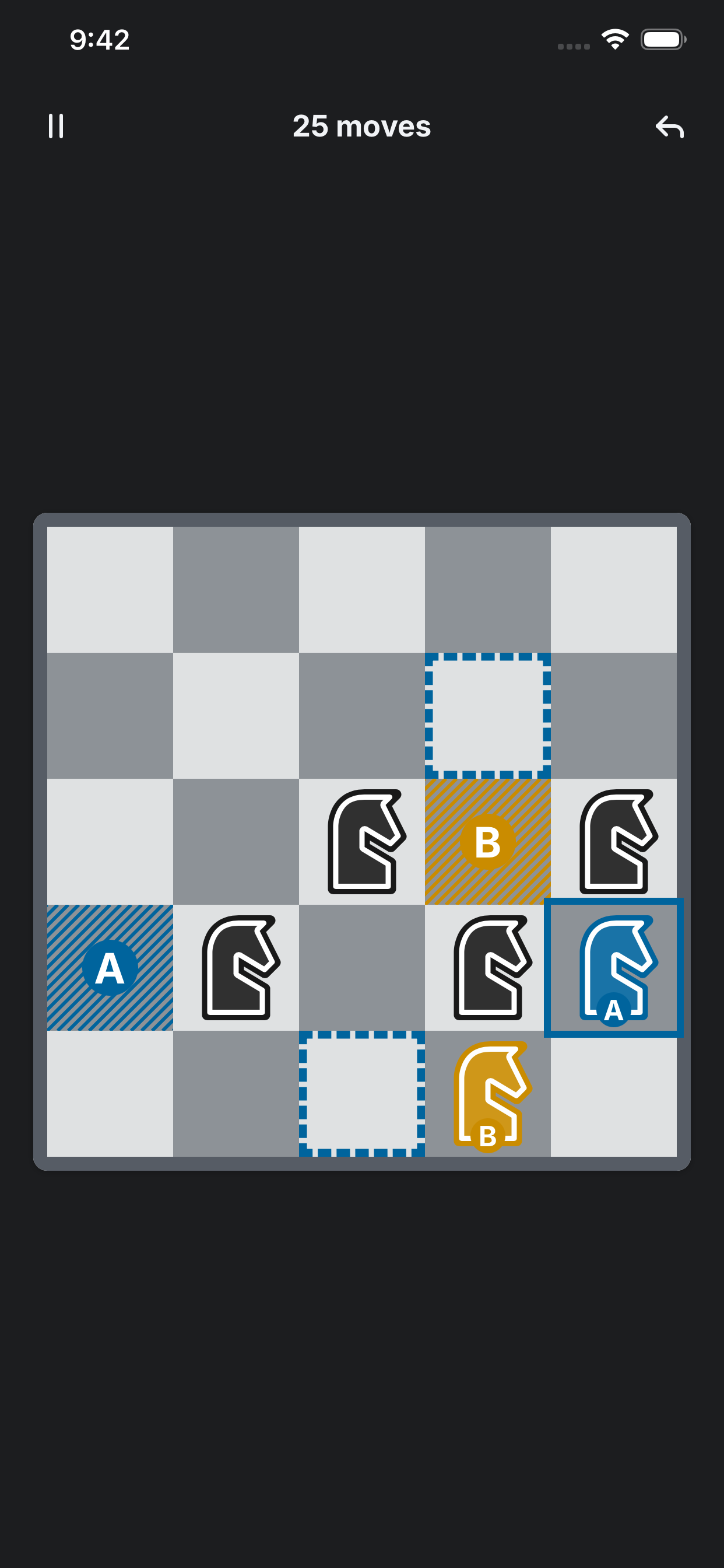Gridlock mode gameplay showing multiple colored knights on a 5x5 board